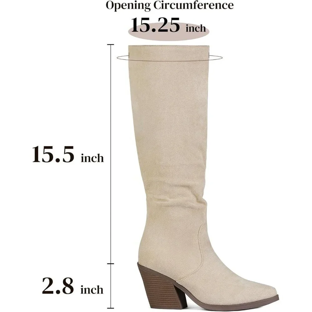 Women's Beige Faux Suede Chunky Heel Boots Side Zipper Slouchy Knee High Boots
